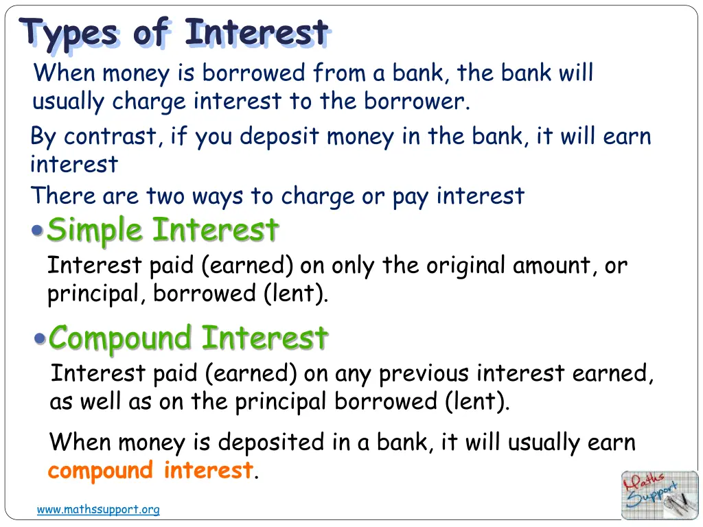 types of interest when money is borrowed from