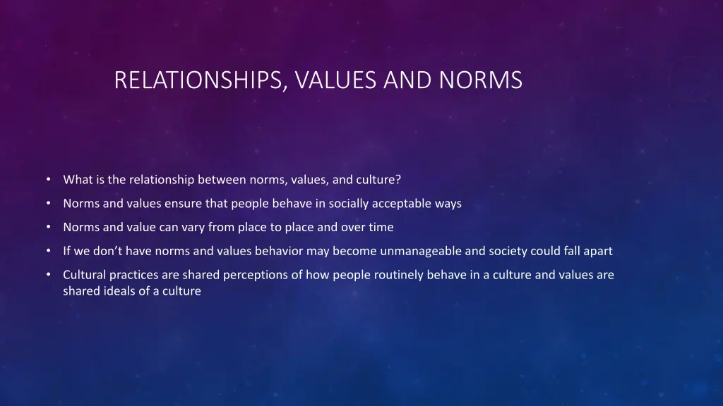relationships values and norms
