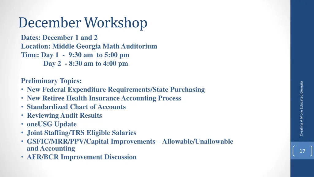 december workshop dates december 1 and 2 location