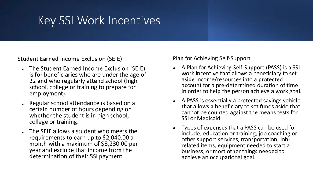 key ssi work incentives