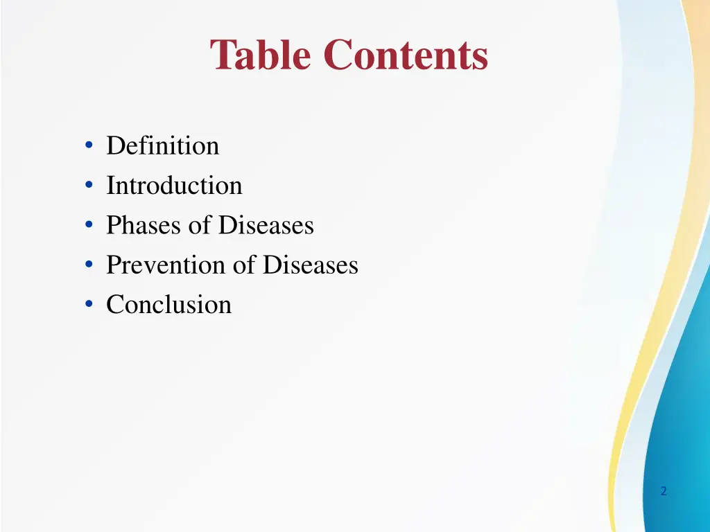 table contents