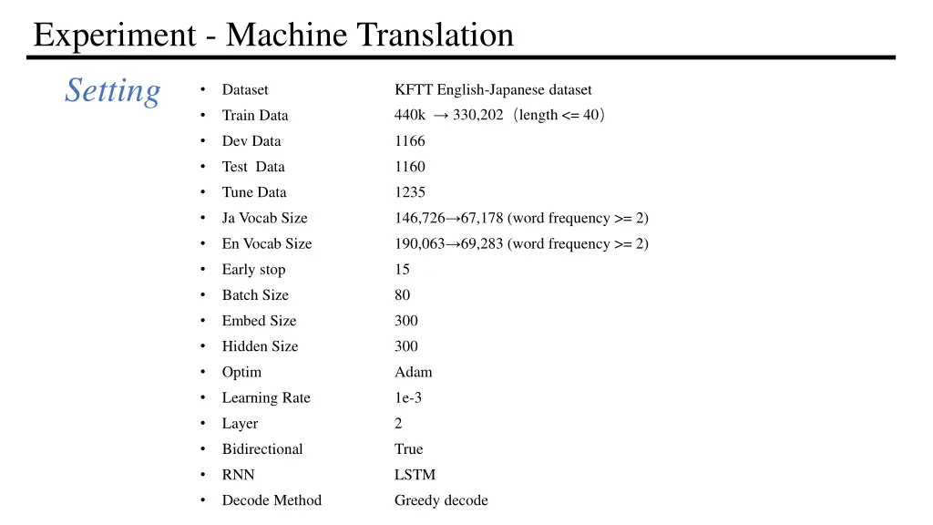 experiment machine translation setting train data