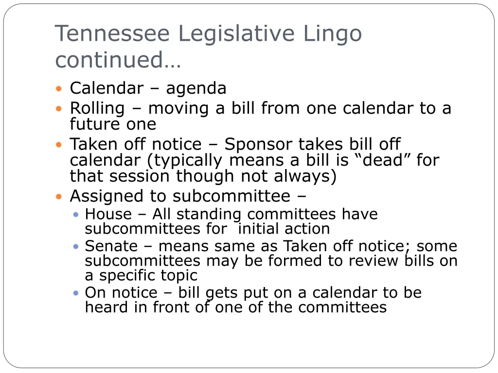 tennessee legislative lingo continued calendar
