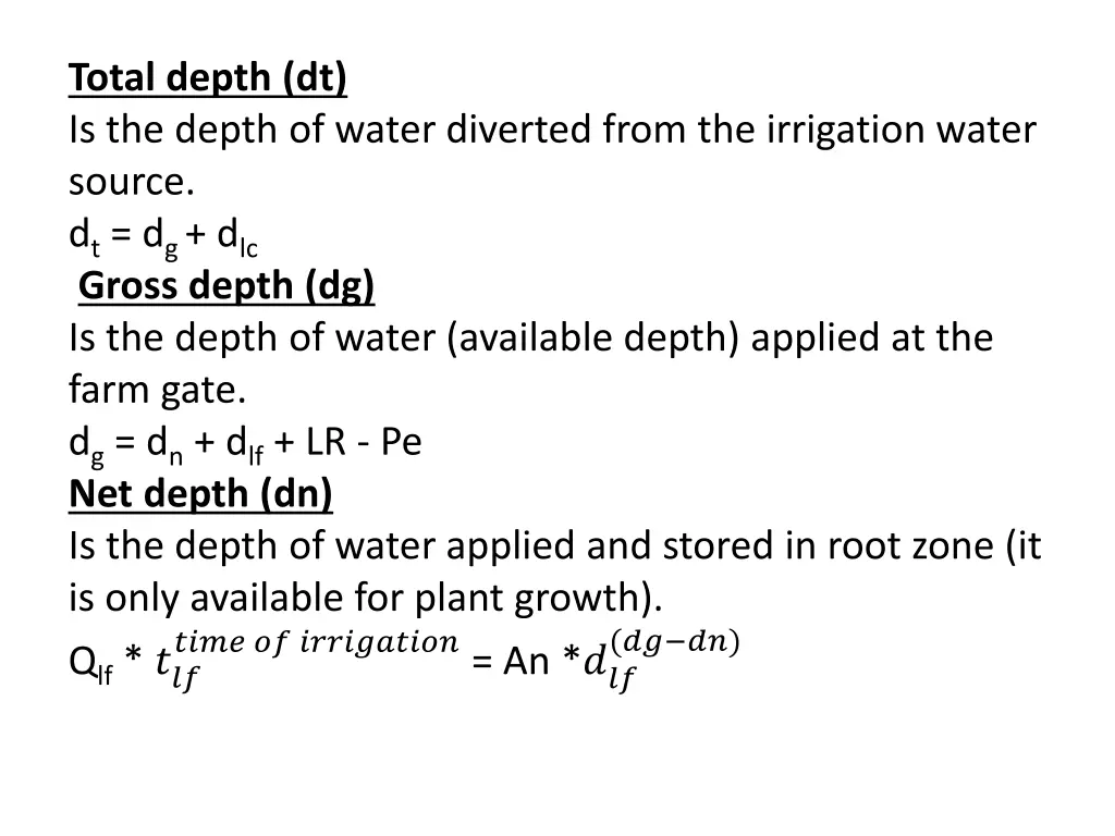 total depth dt is the depth of water diverted