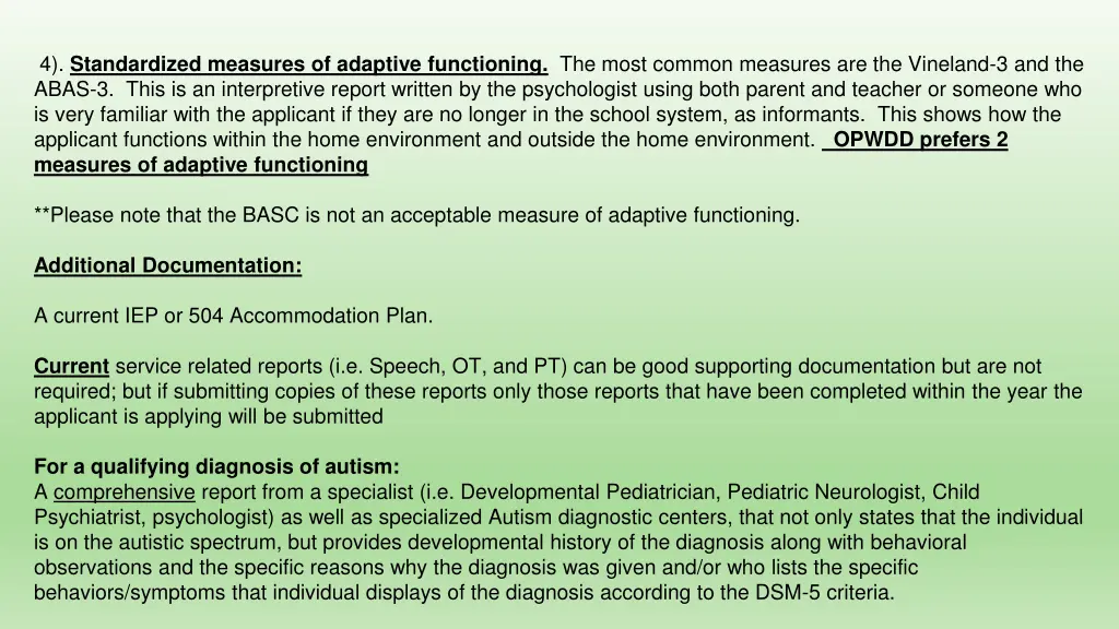 4 standardized measures of adaptive functioning