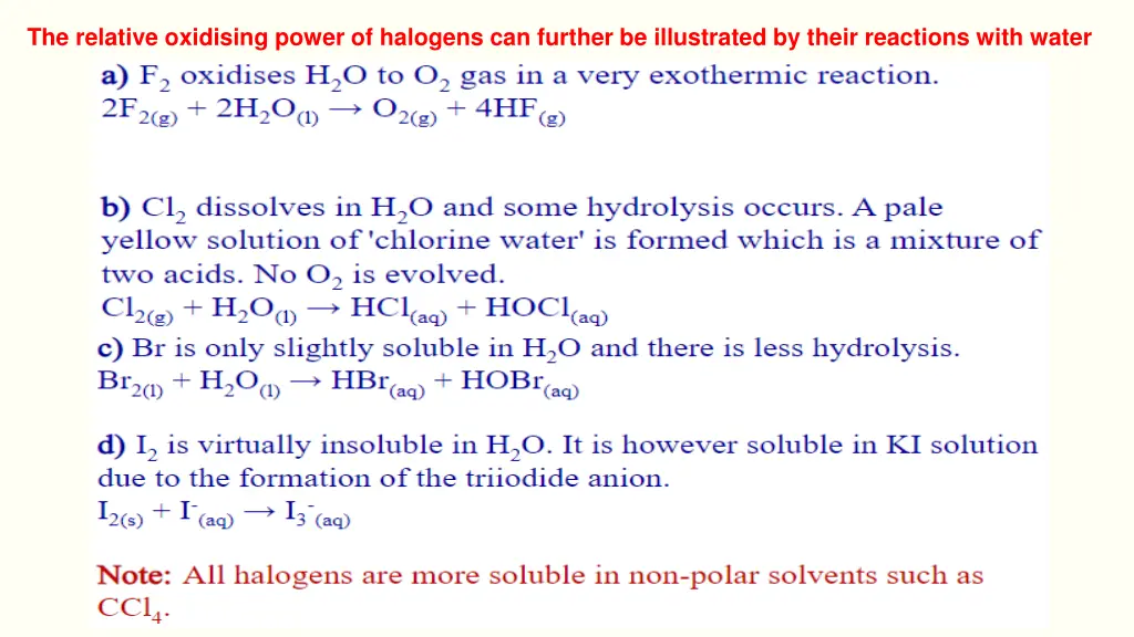 the relative oxidising power of halogens