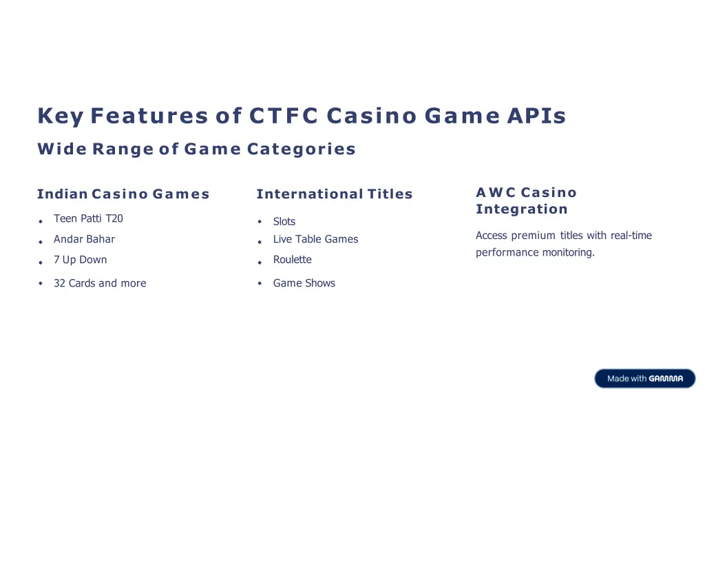key features of ctfc casino game apis