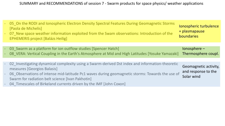 summary and recommendations of session 7 swarm