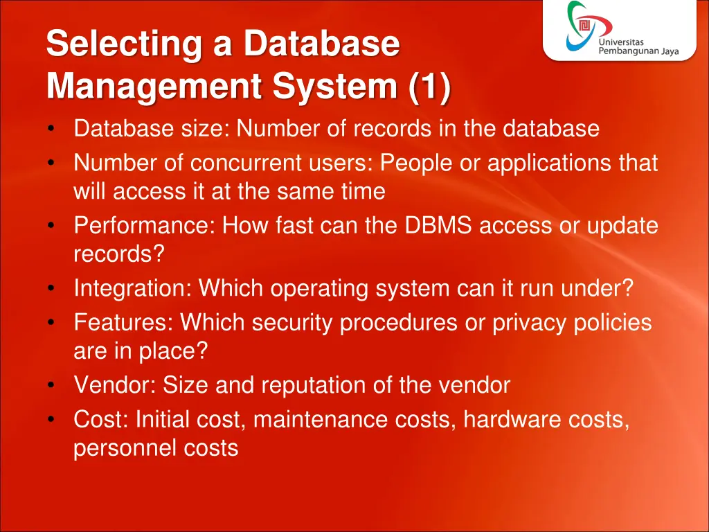 selecting a database management system 1 database