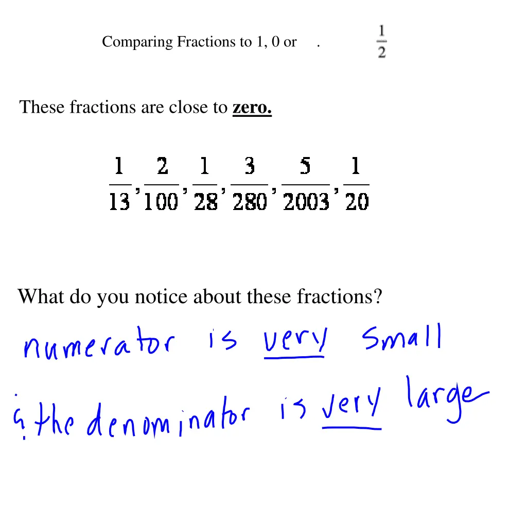 comparing fractions to 1 0 or