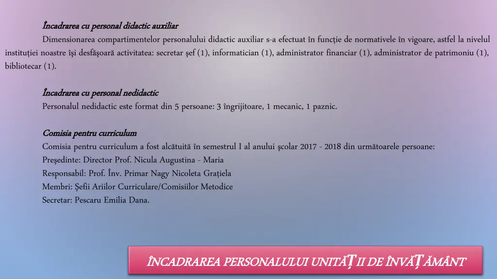 ncadrarea cu personal didactic auxiliar ncadrarea