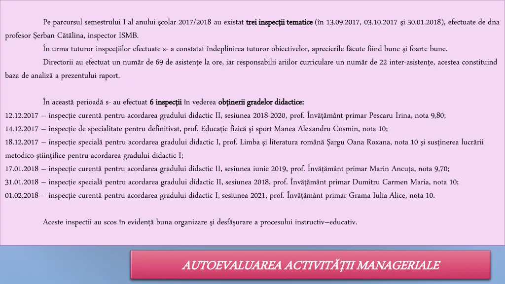 pe parcursul semestrului i al anului colar 2017
