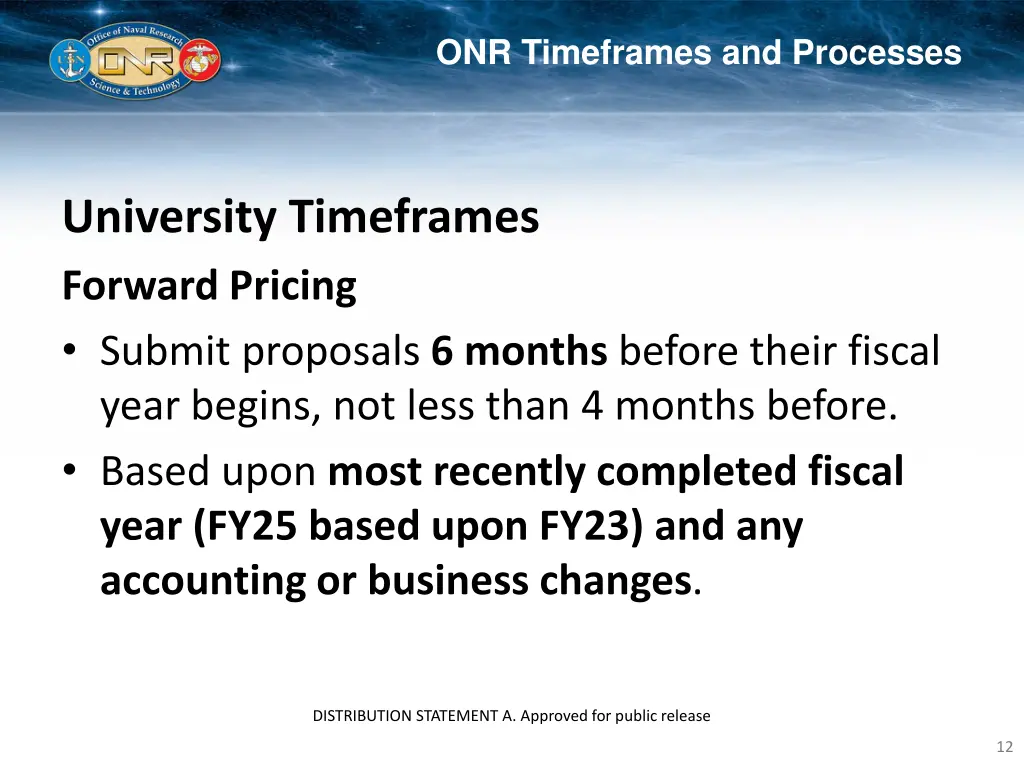 onr timeframes and processes