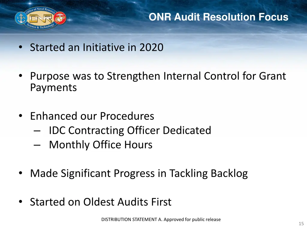 onr audit resolution focus