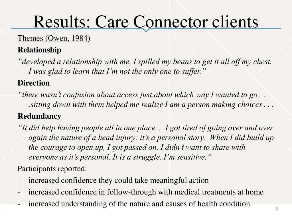 results care connector clients themes owen 1984