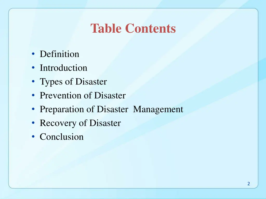 table contents