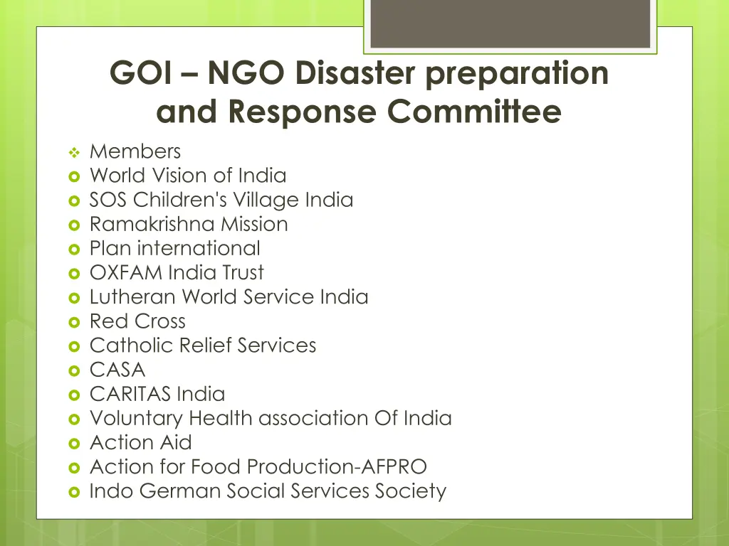 goi ngo disaster preparation and response