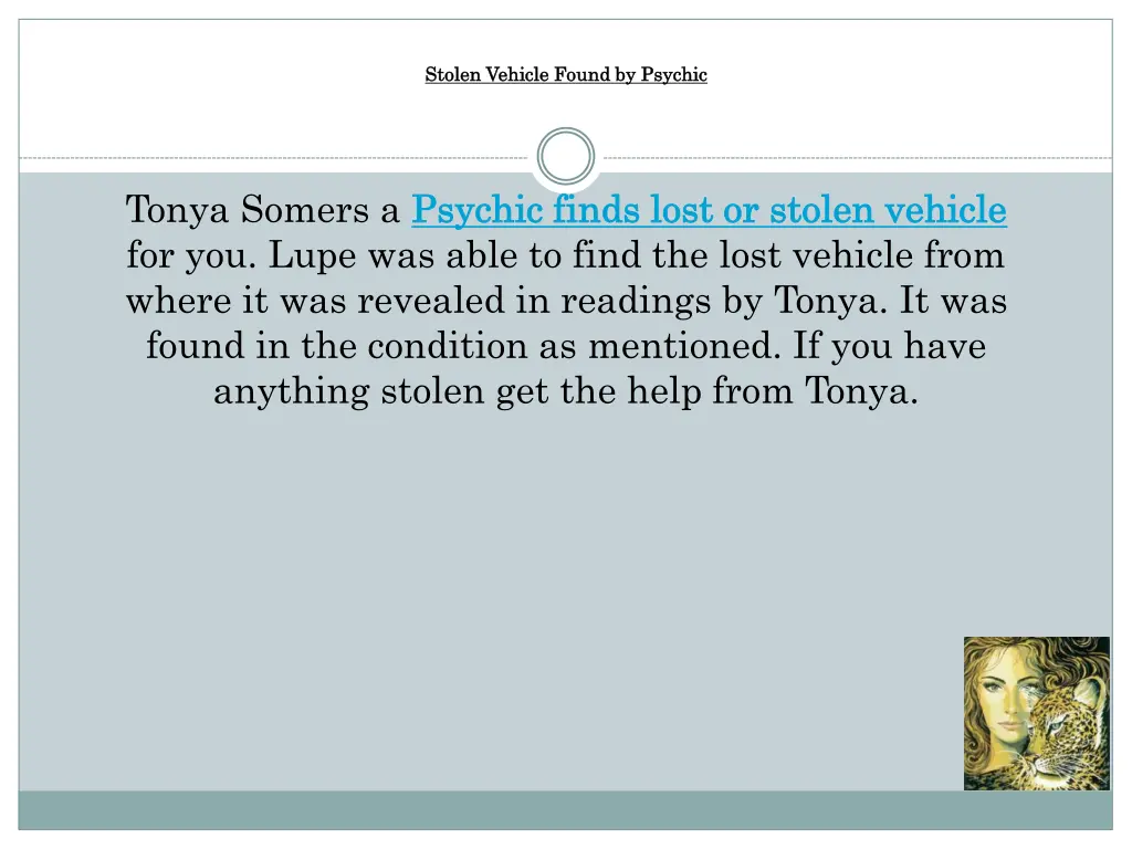 stolen vehicle found by psychic stolen vehicle