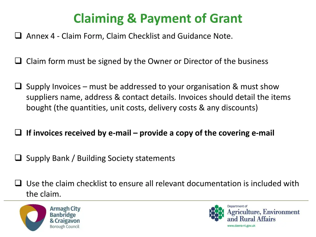 claiming payment of grant