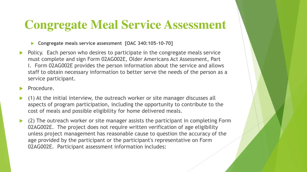 congregate meal service assessment
