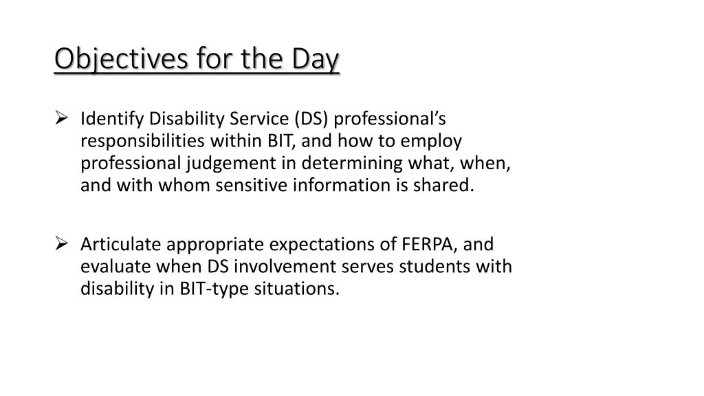 objectives for the day
