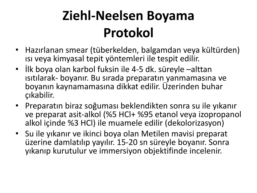 ziehl neelsen boyama protokol
