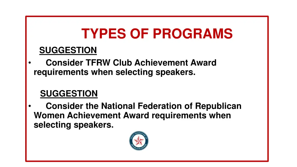 types of programs suggestion consider tfrw club