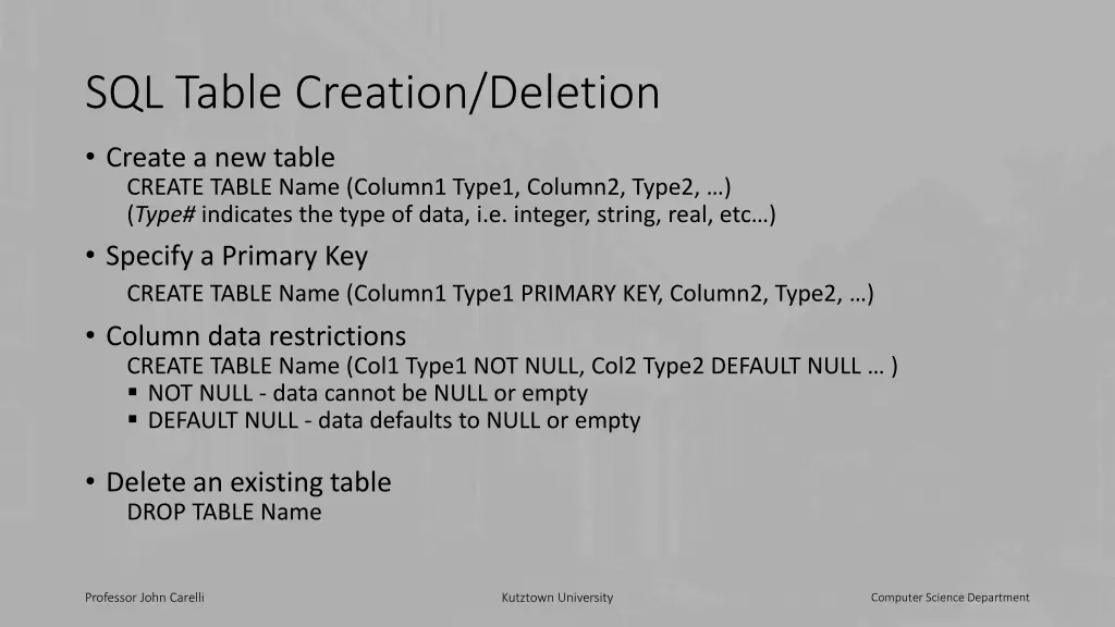 sql table creation deletion