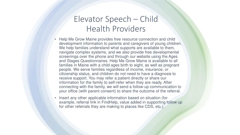 elevator speech child health providers