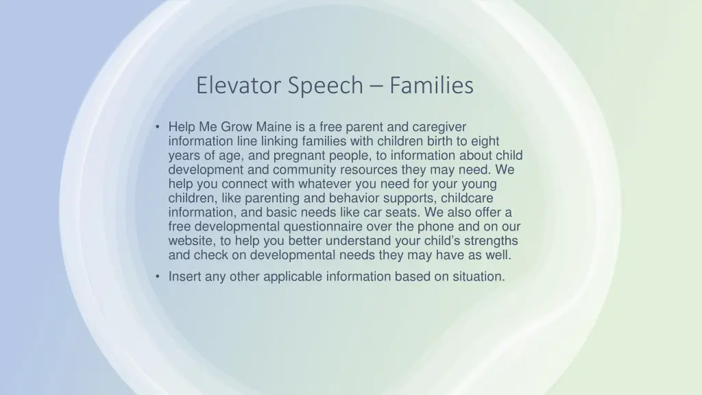 elevator speech families