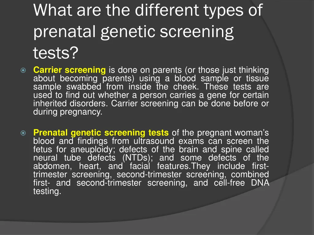 what are the different types of prenatal genetic