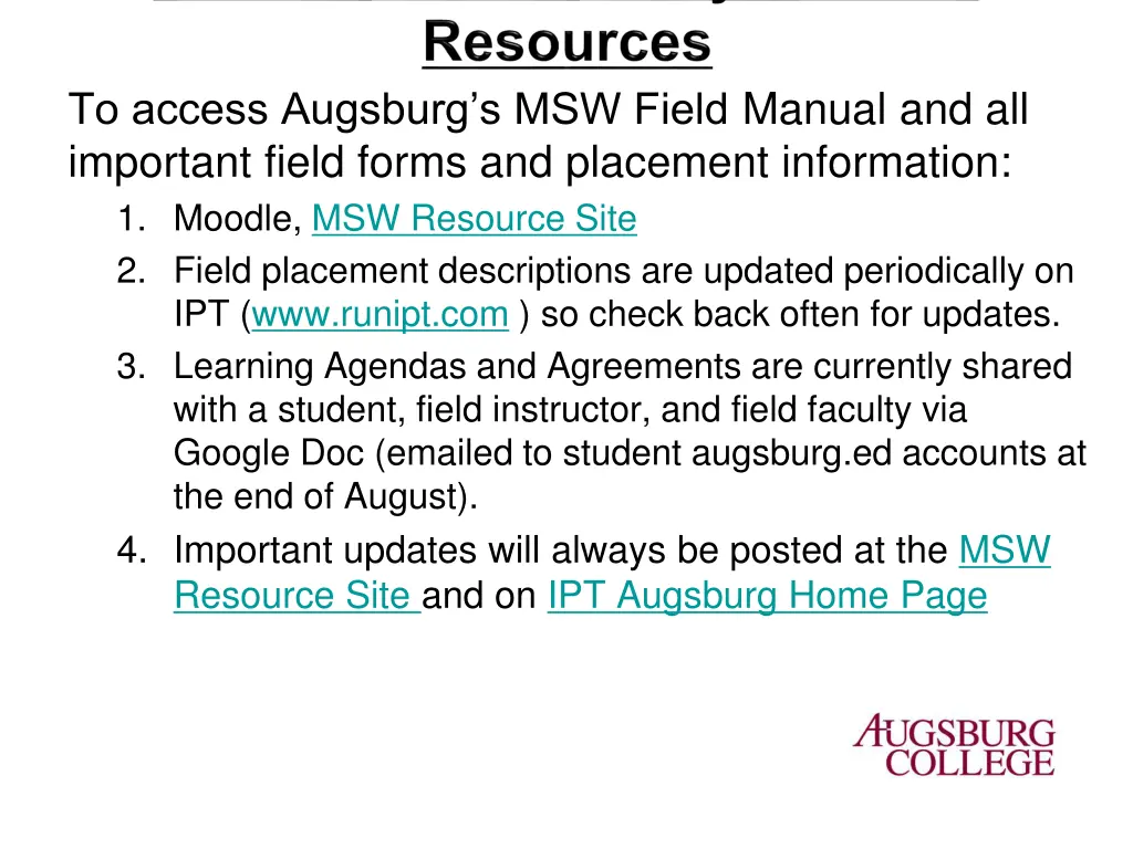 to access augsburg s msw field manual
