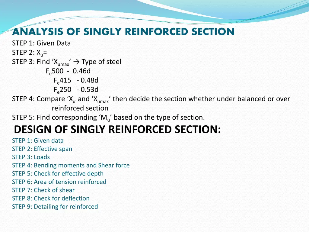 analysis of singly reinforced section step