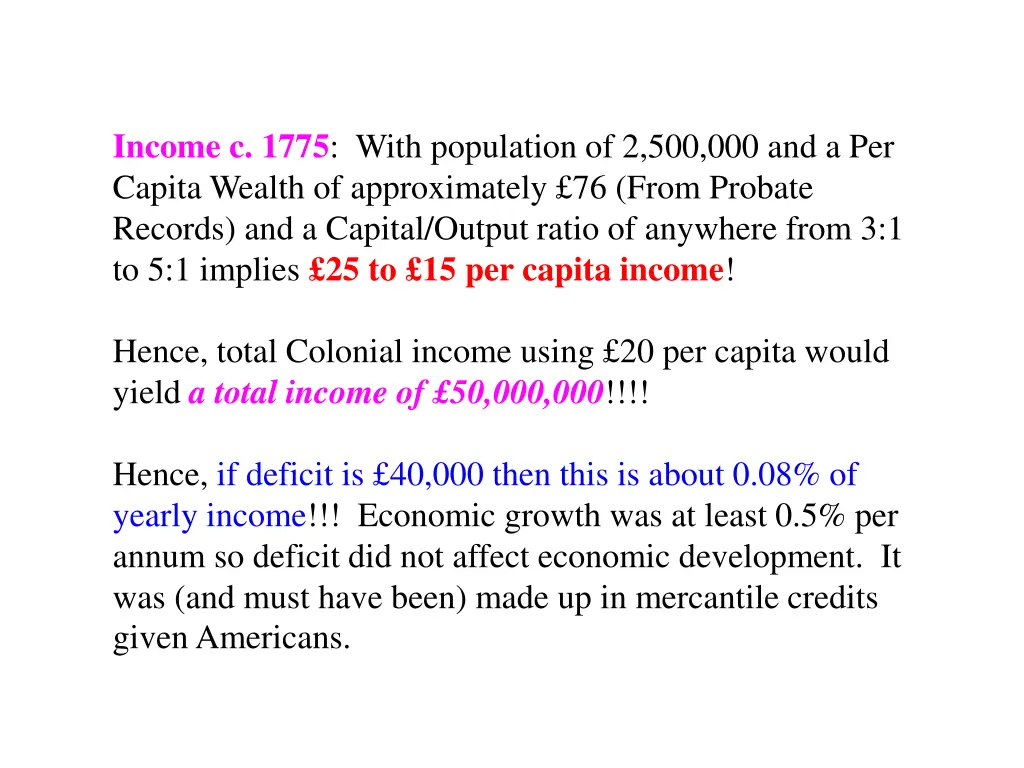 income c 1775 with population