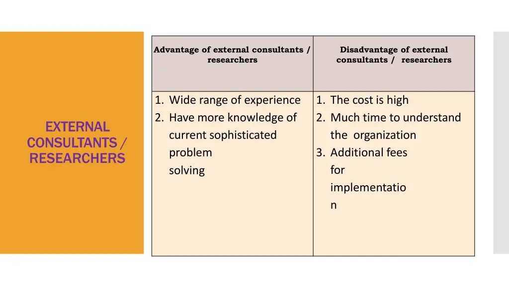advantage of external consultants researchers