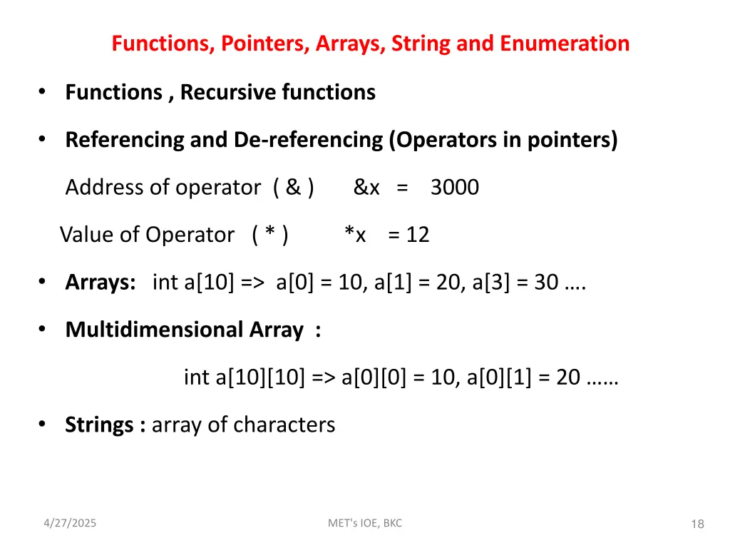 functions pointers arrays string and enumeration