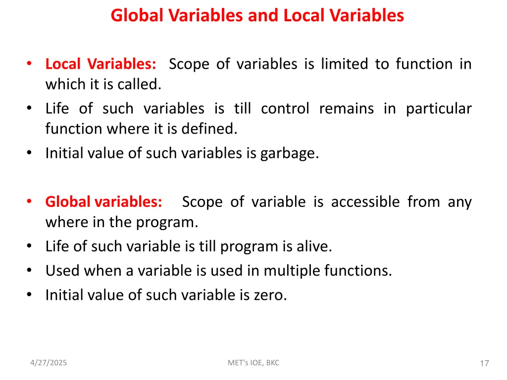 global variables and local variables