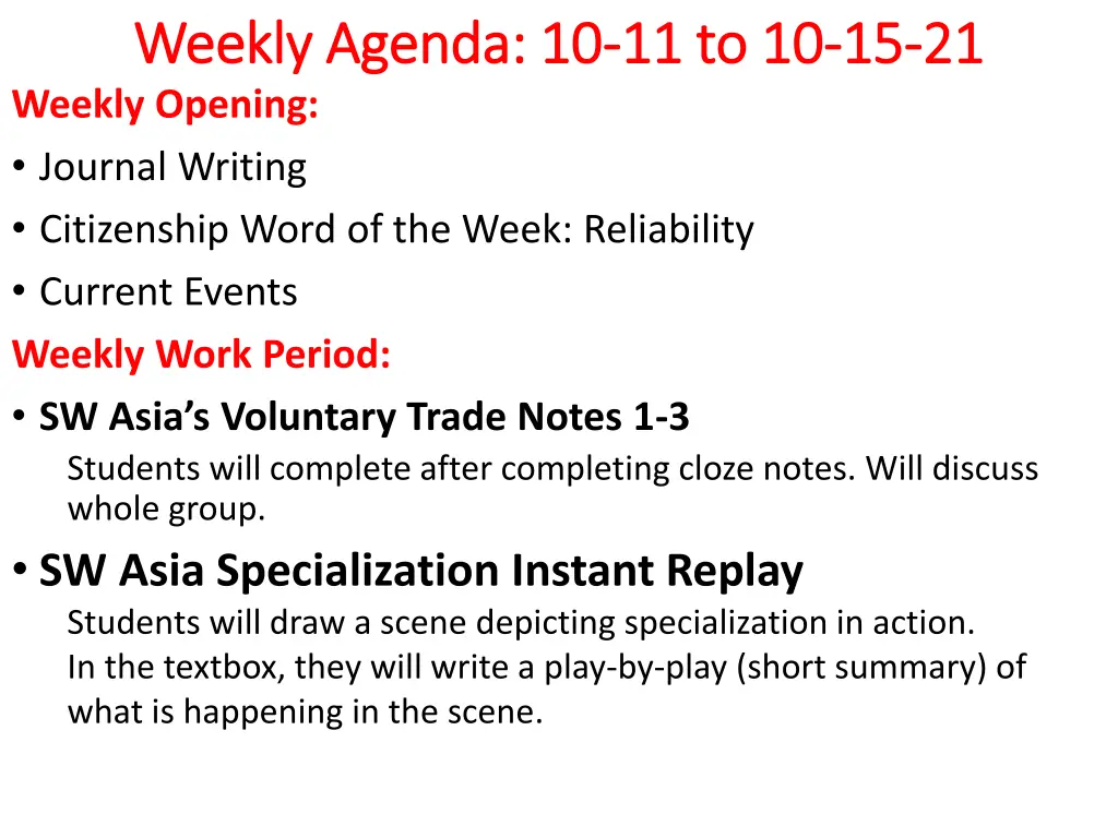 weekly agenda 10 weekly agenda 10 11 to 10 weekly