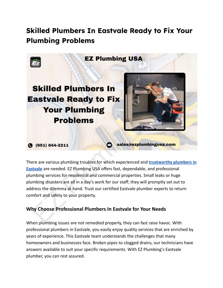 skilled plumbers in eastvale ready to fix your