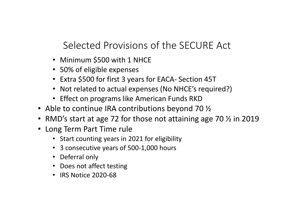 selected provisions of the secure act minimum