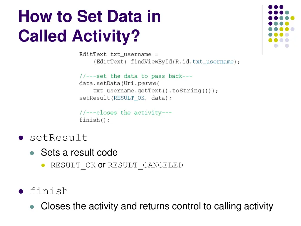 how to set data in called activity