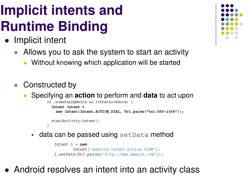 implicit intents and runtime binding implicit