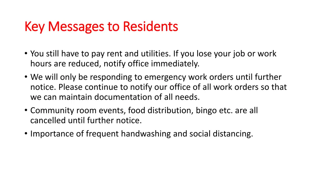 key messages to residents key messages