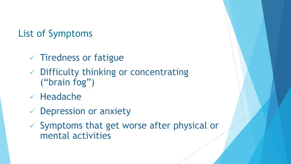 list of symptoms