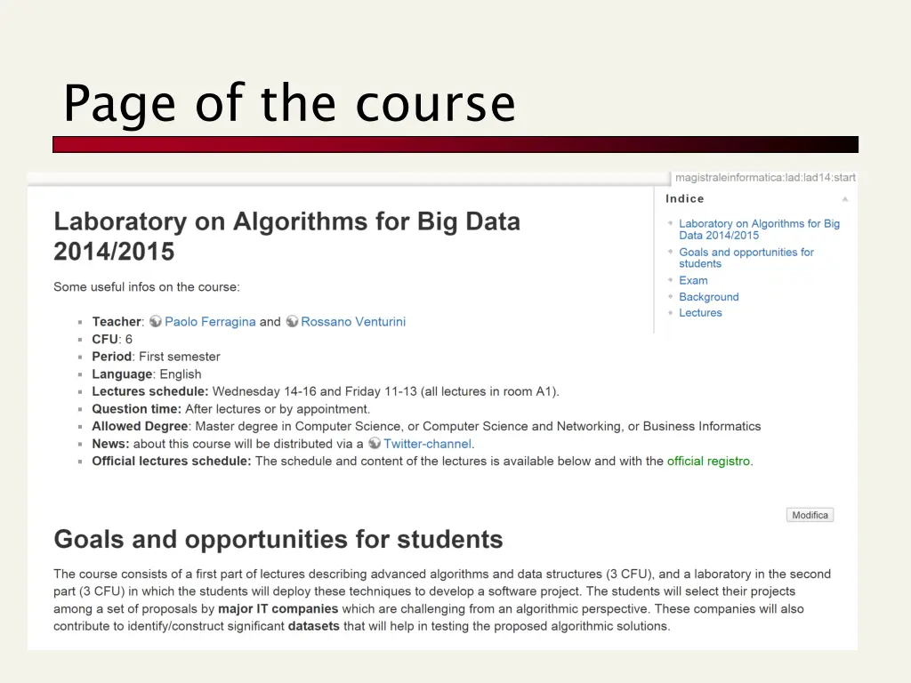 page of the course