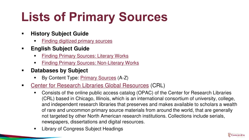 lists of primary sources
