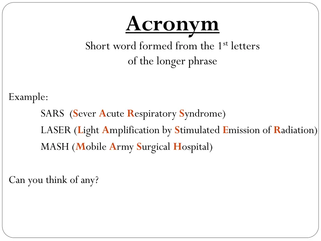 acronym short word formed from the 1 st letters
