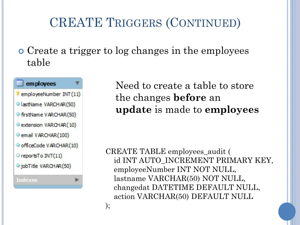 create t riggers c ontinued