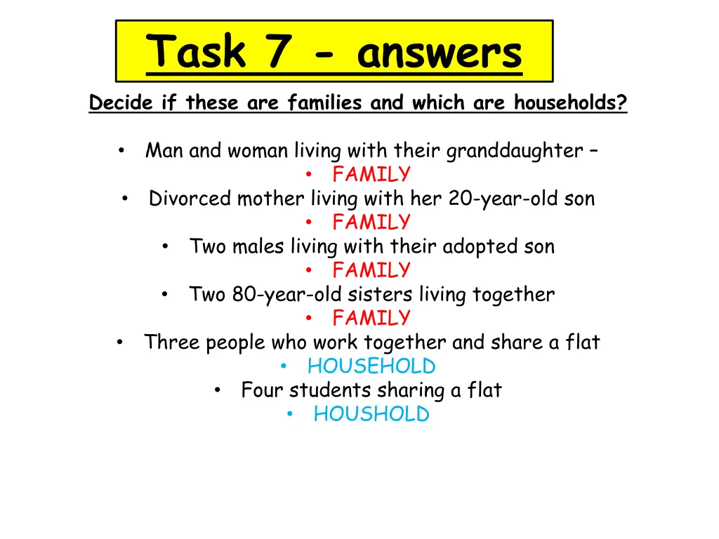 task 7 answers decide if these are families