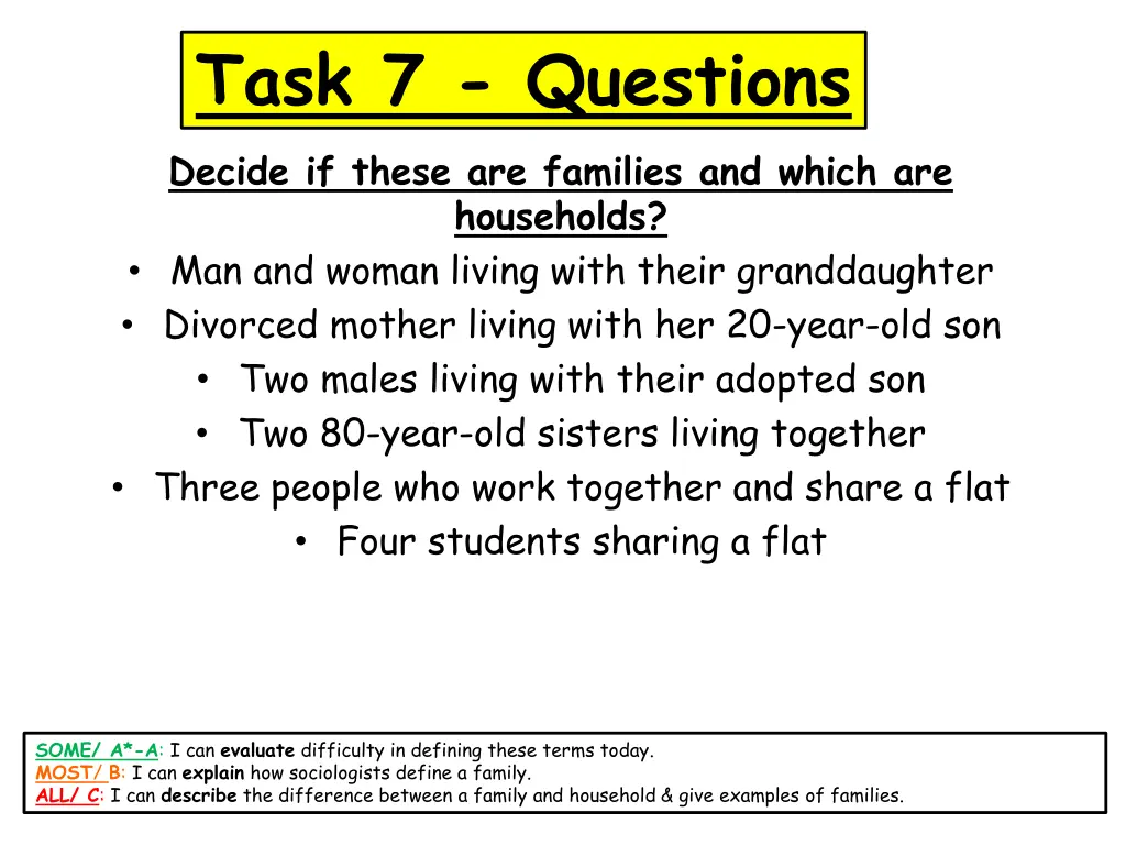 task 7 questions decide if these are families
